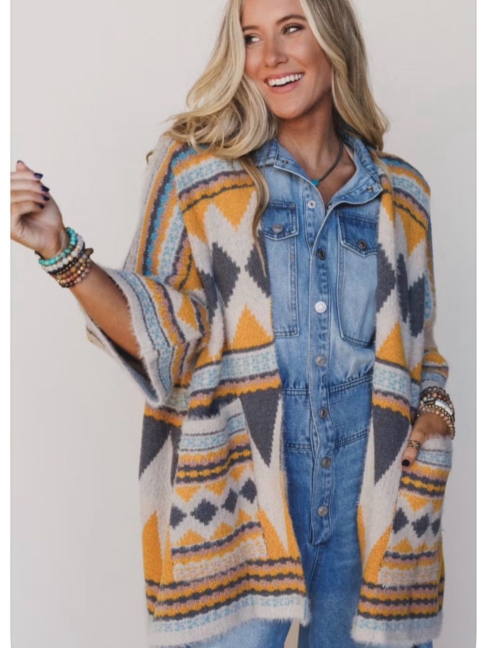 Cozy Geometric Open-Front Cardigan Sweater - Mustard & Gray OS